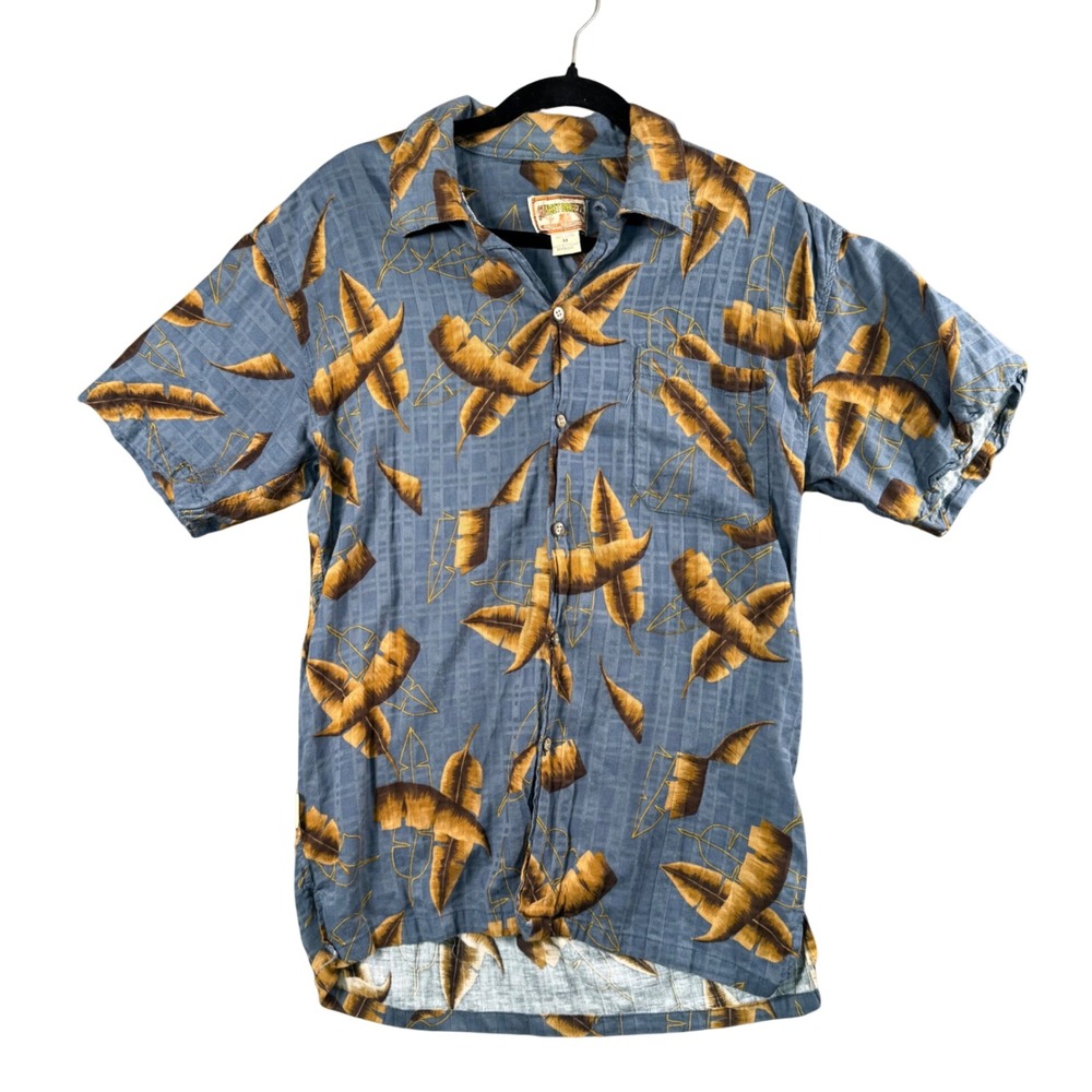 Sunset Breeze Hawaiian Shirt Blue Leaf Print Short Sleeve Button‎ Up M